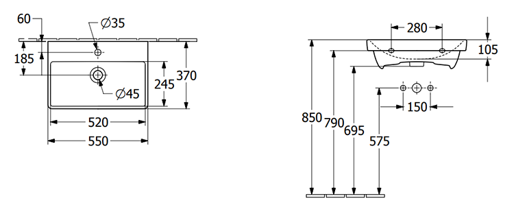 Avento 55cm Washbasin with 1 tap hole 4A005501