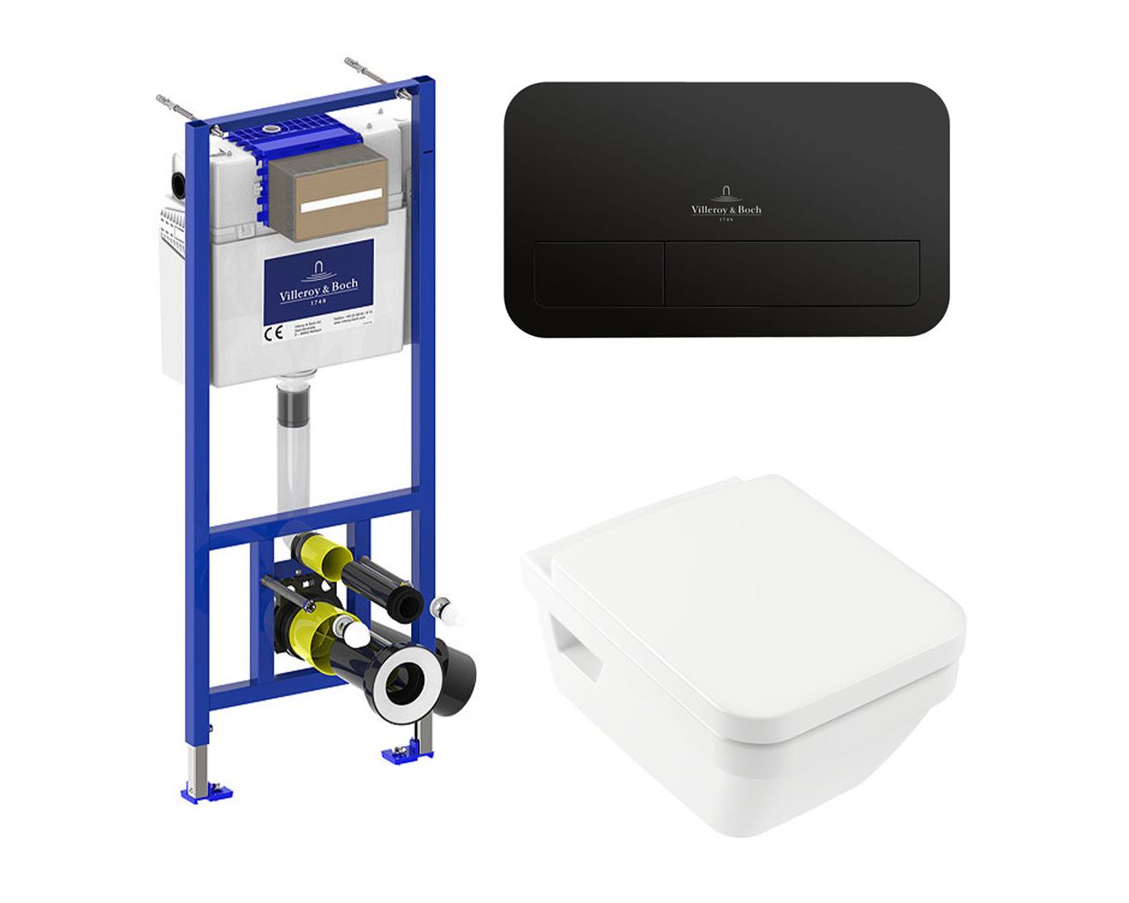 Villeroy & Boch Architectura Square Wall Hung Toilet Bundle with ViPro 2.0 Frame and Chrome/White or Matt Black Flush Plate