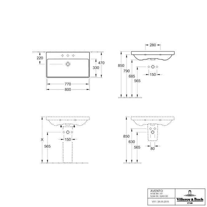 Avento 80cm Washbasin with 1 tap hole