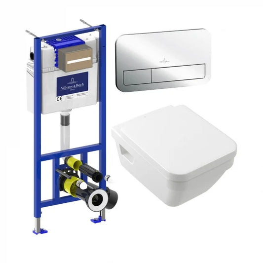 Villeroy &amp; Boch Architectura Square Wall Hung Toilet Bundle with ViPro 2.0 Frame and Chrome/White or Matt Black  Flush Plate